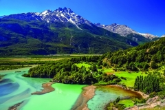 Lake reflection of mount Cerro Castillo as seen from Carretera Austral road in Patagonia, southern Chile
